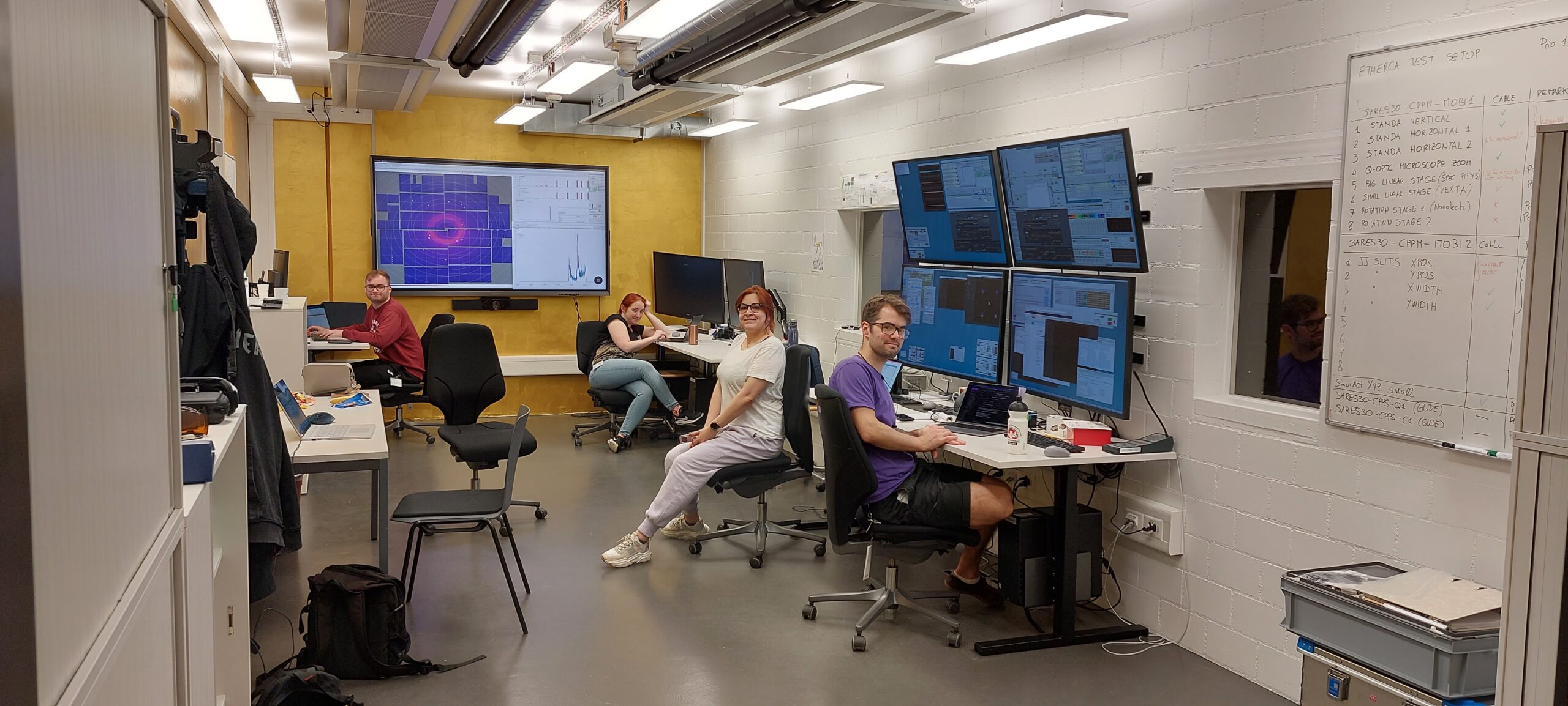 Photo of Crystallina control room and Nogly Lab members and beamline scientist John Beale